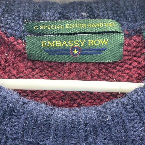 Vtg Embassy Row XL Blue Green Red Wool Sweater Color Block Cable Knit Crew Men's - Picture 3 of 7